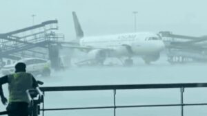 Delhi Airport: Watch: Indigo stepladder crashes into parked Air India aircraft at Delhi airport during sudden storms | India News