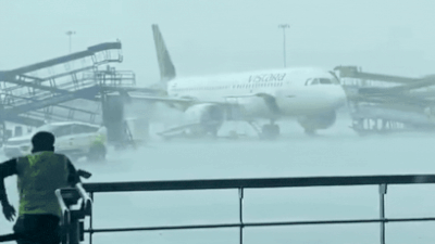 Delhi Airport: Watch: Indigo stepladder crashes into parked Air India aircraft at Delhi airport during sudden storms | India News