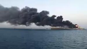 Container ship catches fire off Oman coast hours after US strike; British crew escapes on lifeboat